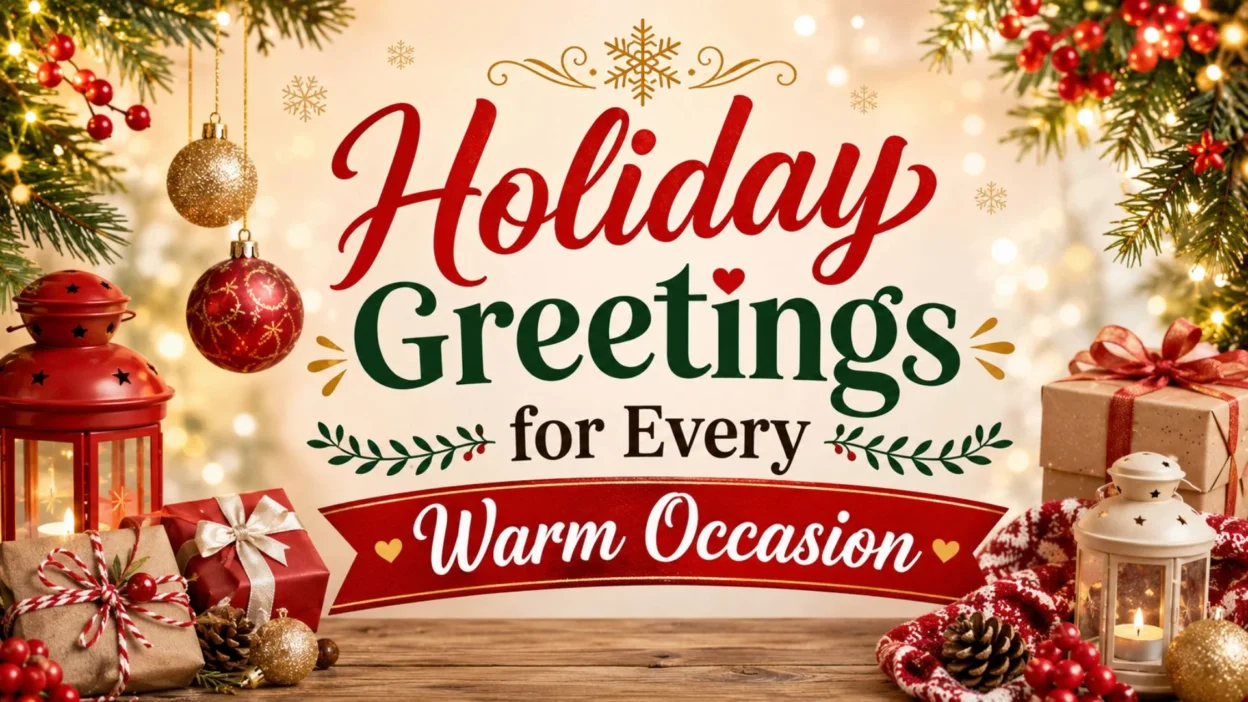 Holiday greetings banner with festive lights, ornaments, gifts, lanterns, and warm seasonal decor