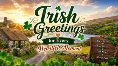 Irish greetings design with green countryside, cottage, shamrocks, and heartfelt blessing text