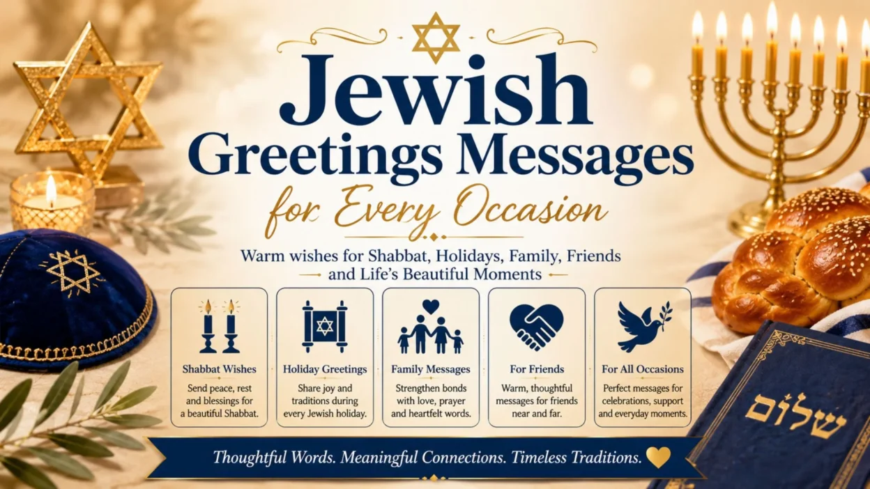 Jewish greetings banner with menorah, Star of David, challah bread, and warm wishes for holidays and Shabbat