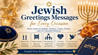 Jewish greetings banner with menorah, Star of David, challah bread, and warm wishes for holidays and Shabbat