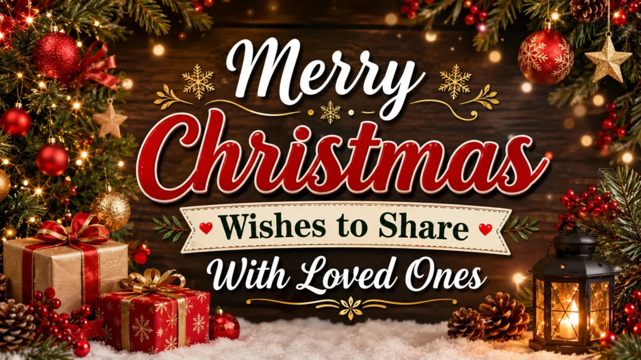 Festive Merry Christmas wishes image with gifts, ornaments, lantern, and loved ones holiday message