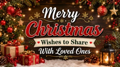 Festive Merry Christmas wishes image with gifts, ornaments, lantern, and loved ones holiday message
