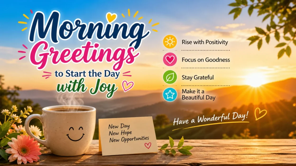 Morning greetings image with sunrise, coffee mug, flowers, and joyful positive morning wishes