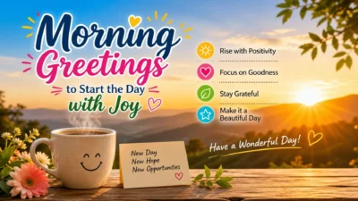 Morning greetings image with sunrise, coffee mug, flowers, and joyful positive morning wishes