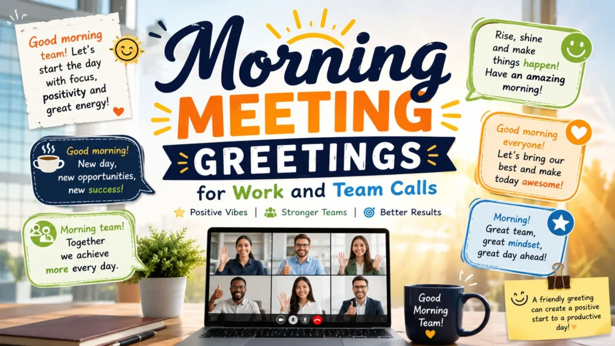 Professional morning meeting greetings poster with team video call, motivational quotes, and office workspace