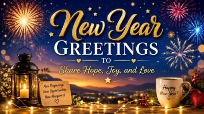 New Year greetings banner with fireworks, golden text, candle lantern, mug, and hopeful celebration message