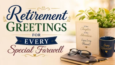Retirement greetings graphic with card, plant, glasses, pen, and happy retirement mug
