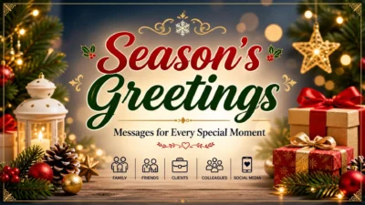 Season’s greetings messages banner with festive gifts, lights, ornaments, and warm holiday decor