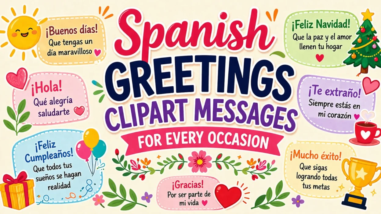 Colorful Spanish greetings clipart poster with cheerful messages for every occasion, festive icons and speech bubbles