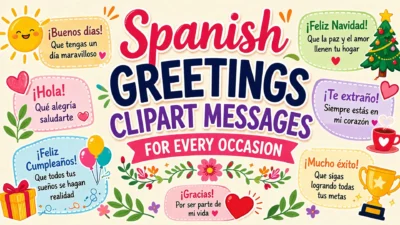 Colorful Spanish greetings clipart poster with cheerful messages for every occasion, festive icons and speech bubbles