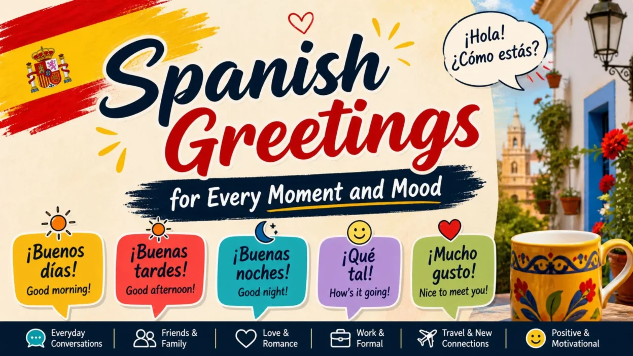 Spanish greetings infographic with common phrases for friends, love, work, travel, and daily conversations