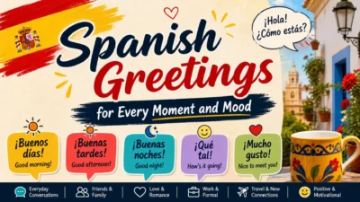 Spanish greetings infographic with common phrases for friends, love, work, travel, and daily conversations
