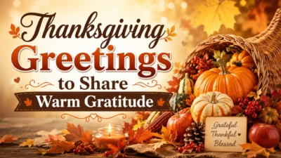 Thanksgiving greetings banner with pumpkins, autumn leaves, candle, and warm gratitude text