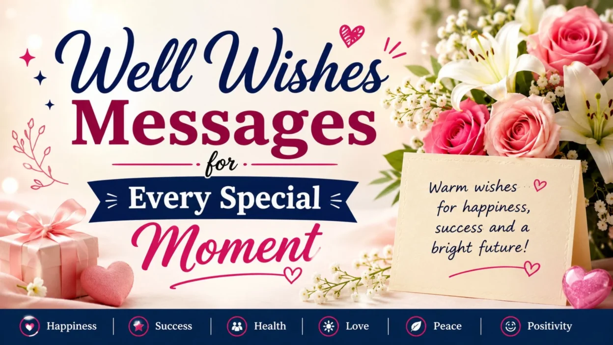Well wishes messages graphic with flowers, gift box, hearts, and warm greeting card design