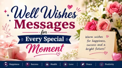Well wishes messages graphic with flowers, gift box, hearts, and warm greeting card design