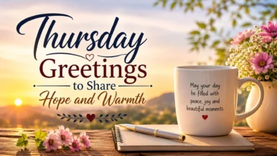 Thursday greetings with sunrise, flowers, coffee mug, and warm hopeful message