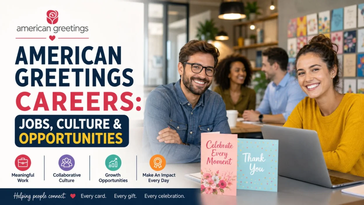American Greetings careers banner with smiling team, greeting cards, jobs, culture and growth opportunities