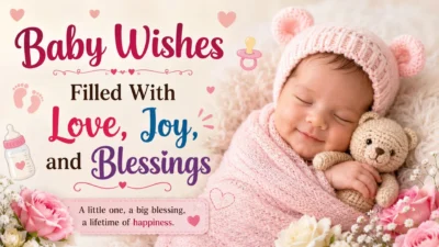 Baby wishes greeting card with sleeping newborn, teddy bear, pastel hearts, flowers, and blessings