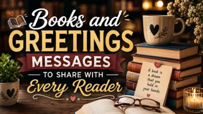 Cozy books and greetings messages image with stacked books, candle, mug, and warm library background