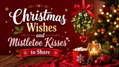 Christmas wishes and mistletoe kisses banner with cocoa, candle, tree lights, and festive holiday decor