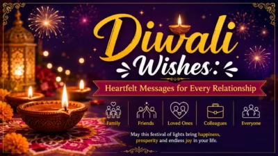 Diwali wishes banner with diyas, fireworks, rangoli, and heartfelt message for every relationship
