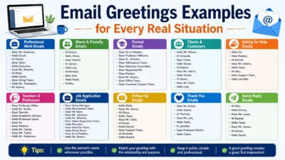 Email greetings examples infographic with professional, formal, client, follow-up, and thank-you email openings
