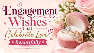 Engagement wishes banner with diamond ring, pink roses, velvet ring box, and romantic love typography