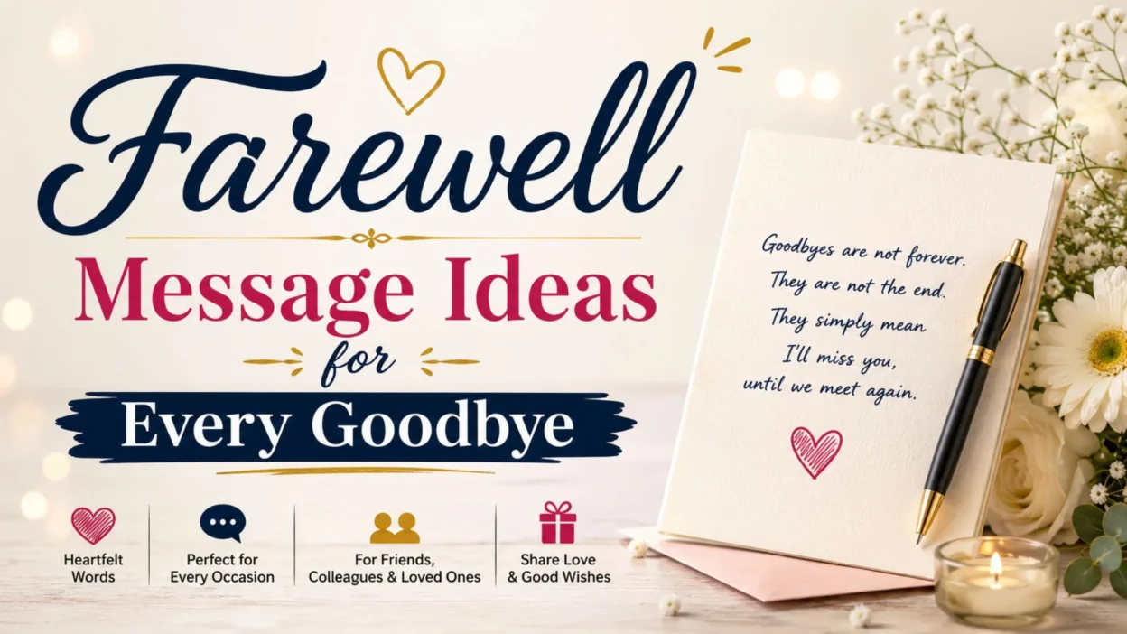 Farewell message ideas graphic with card, flowers, candle, and warm goodbye words