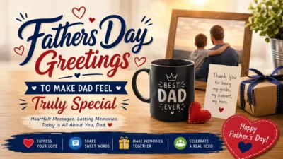 Father’s Day greetings image with best dad mug, gift, family photo, and heartfelt message