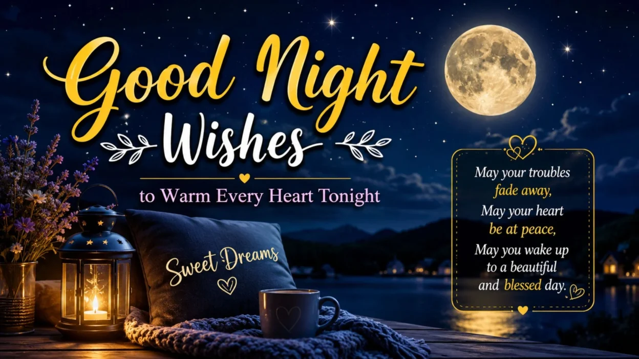 Good night wishes image with moonlit sky, lantern, flowers, and sweet dreams message