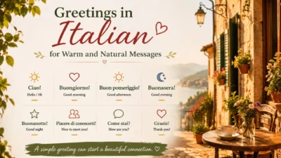 Greetings in Italian with warm phrases on a cozy sunlit Italian street