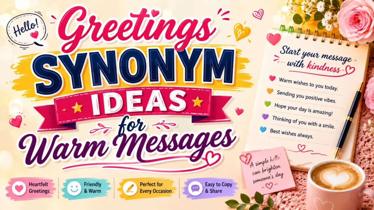 Greetings synonym ideas for warm messages with hello, kind regards, best wishes, flowers and cozy desk