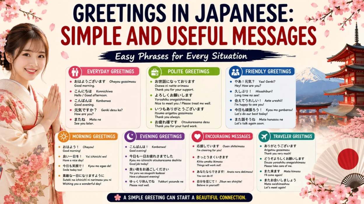 Japanese greetings infographic with cherry blossoms and useful phrases for daily conversations