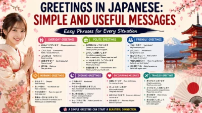 Japanese greetings infographic with cherry blossoms and useful phrases for daily conversations