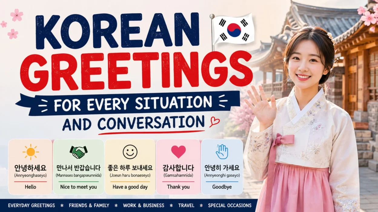 Korean greetings infographic with hanbok woman, Korean flag, and common phrases