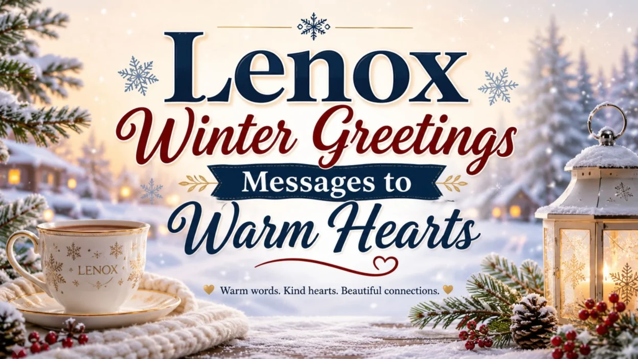 Lenox Winter Greetings banner with snowy cabin, teacup, lantern, pine branches, and warm holiday message