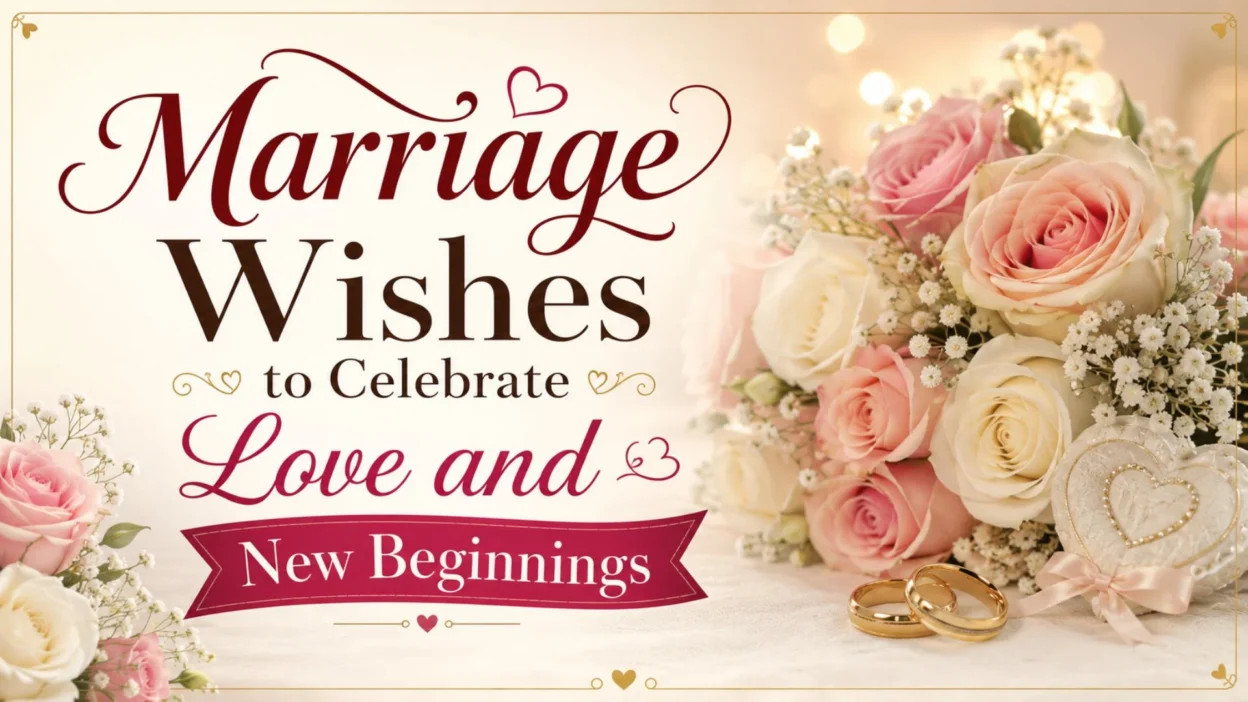 Marriage wishes image with wedding rings, soft roses, and romantic new beginnings theme