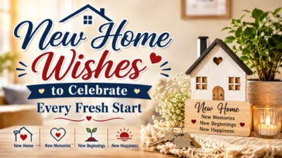 New home wishes image with cozy house decor, keys, plants, and warm fresh start message