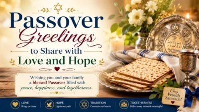 Passover greetings card with matzah, candle, wine cup, flowers, and message of love and hope