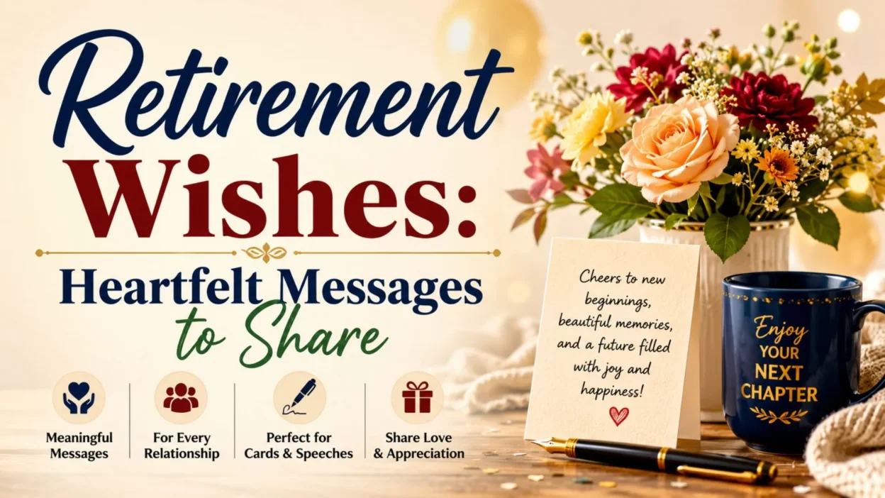 Retirement wishes graphic with flowers, card, mug, and heartfelt messages for sharing