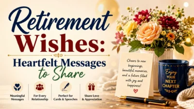 Retirement wishes graphic with flowers, card, mug, and heartfelt messages for sharing