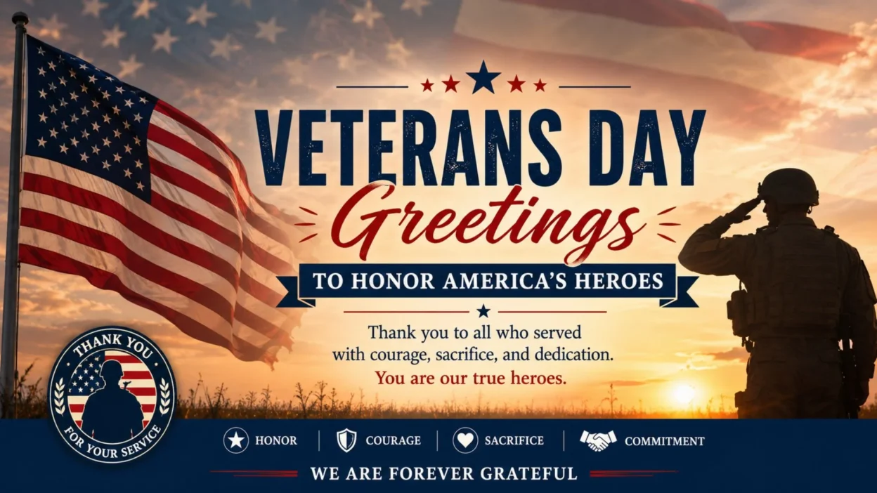 Veterans Day greetings banner with American flag and saluting soldier honoring heroes