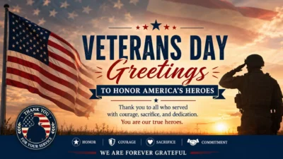 Veterans Day greetings banner with American flag and saluting soldier honoring heroes
