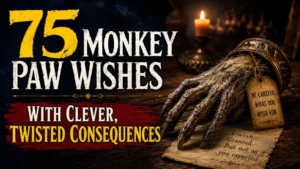 Dark monkey paw beside candlelight with 75 twisted wish consequences in bold cinematic text.