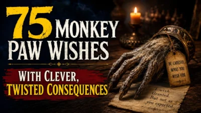 Dark monkey paw beside candlelight with 75 twisted wish consequences in bold cinematic text.