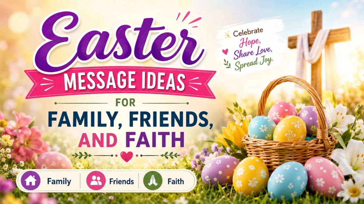 Colorful Easter message graphic with decorated eggs, spring flowers, a cross, and family, friends, and faith text.