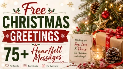 Festive Christmas banner featuring holiday decorations, gifts, candle, and the text "Free Christmas Greetings: 75+ Heartfelt Messages."