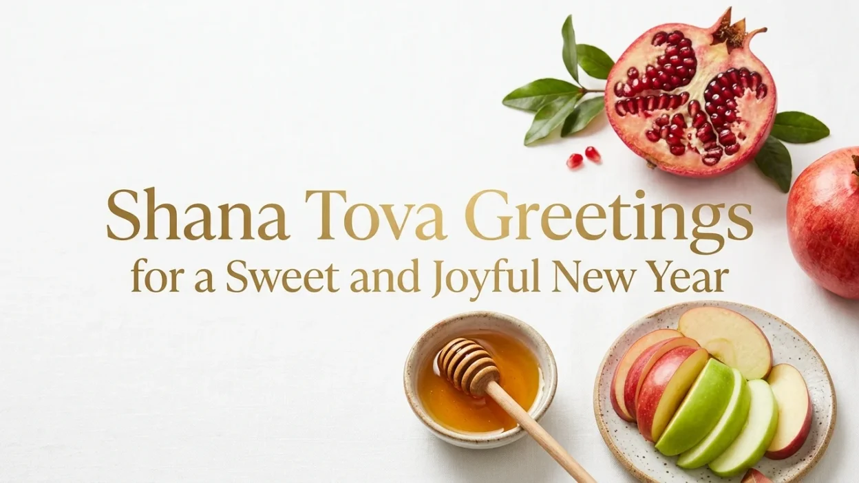Elegant Shana Tova greeting card with festive Jewish New Year wishes, apples, honey, and traditional holiday decorations.