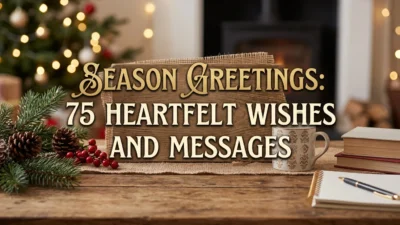 Heartwarming season greetings card with festive decorations and the text "Season Greetings: 75 Heartfelt Wishes and Messages."
