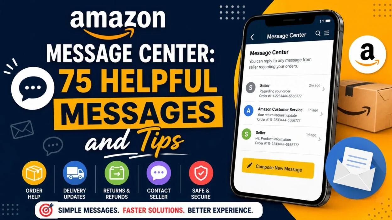 Amazon Message Center guide featuring 75 helpful messages for orders, refunds, returns, delivery issues, and seller contact.